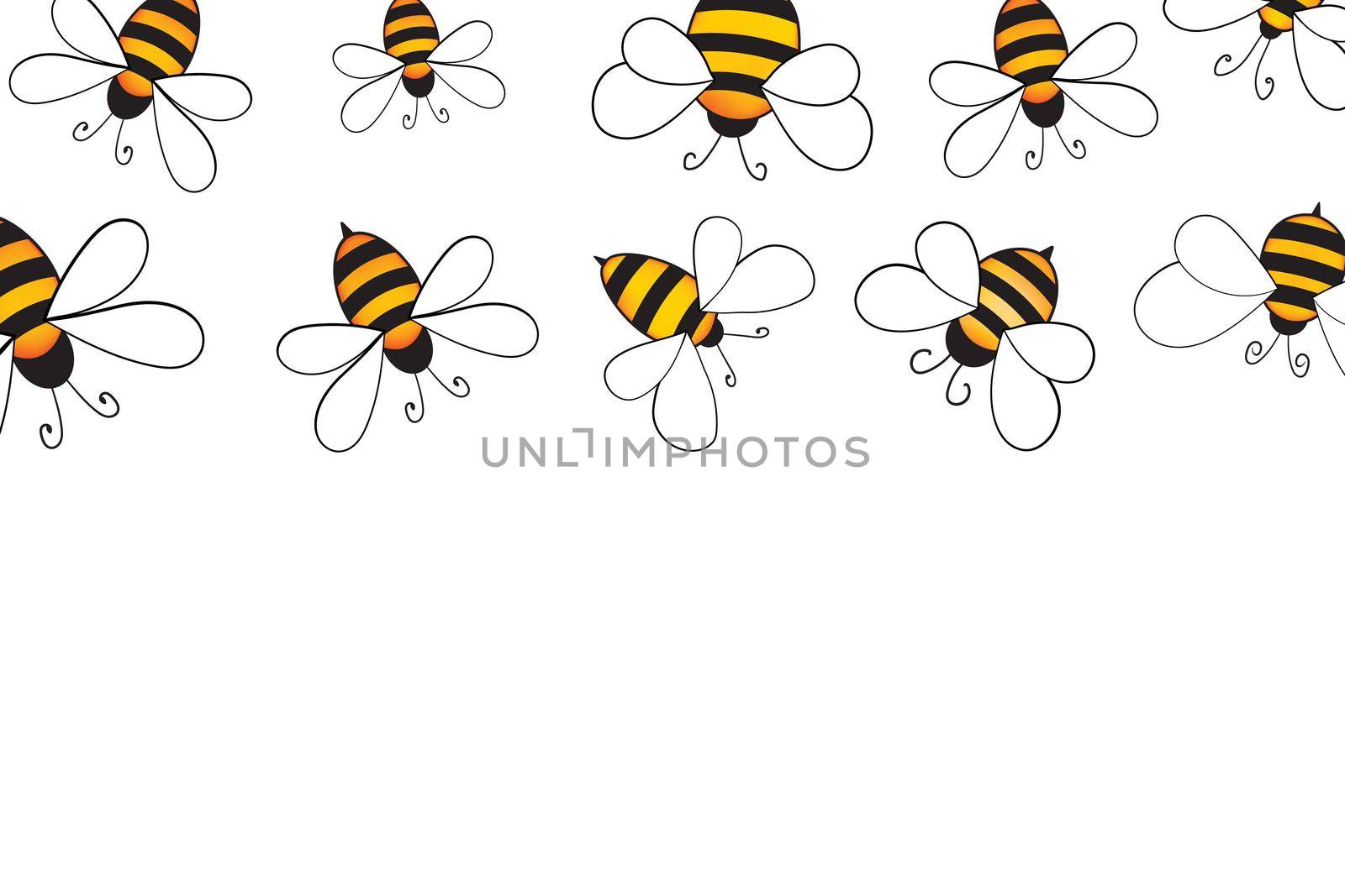 Cartoon cute bee mascot. Merry bee with an empty table. Small wasp. Vector character. Insect icon. Holiday template design for invitation, cards, wallpaper, school, kindergarten. Copy space.