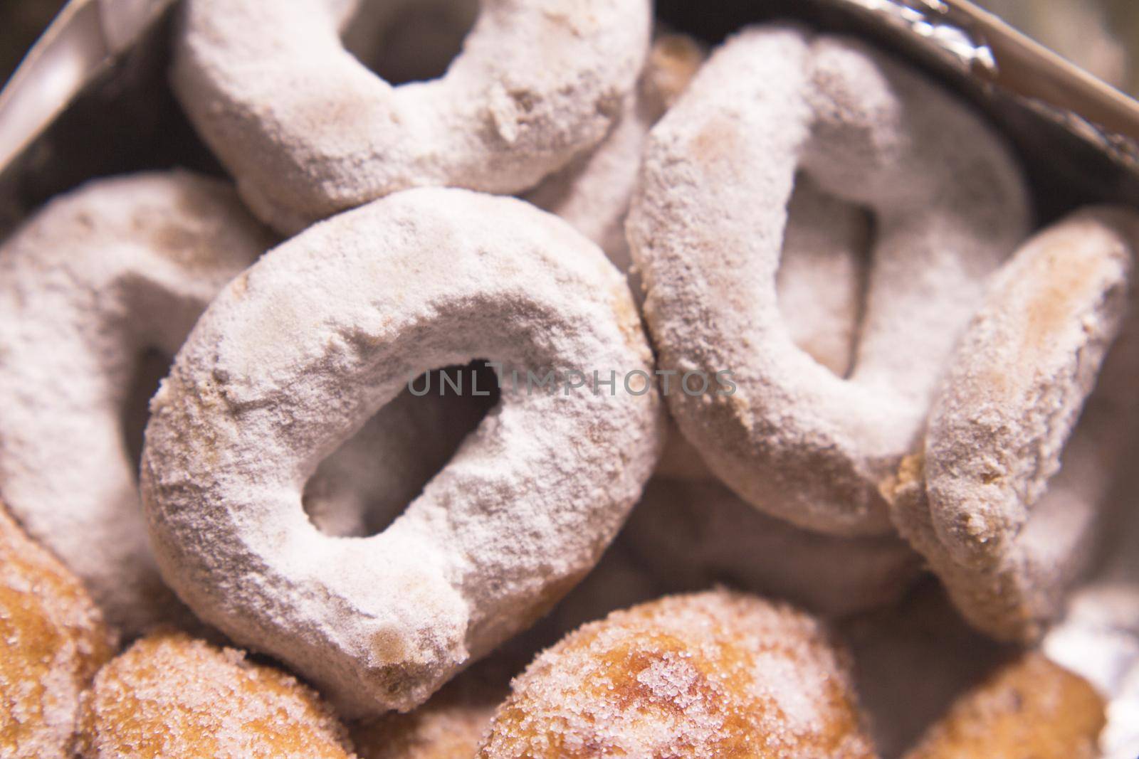 Handmade homemade donuts and fritters. No people