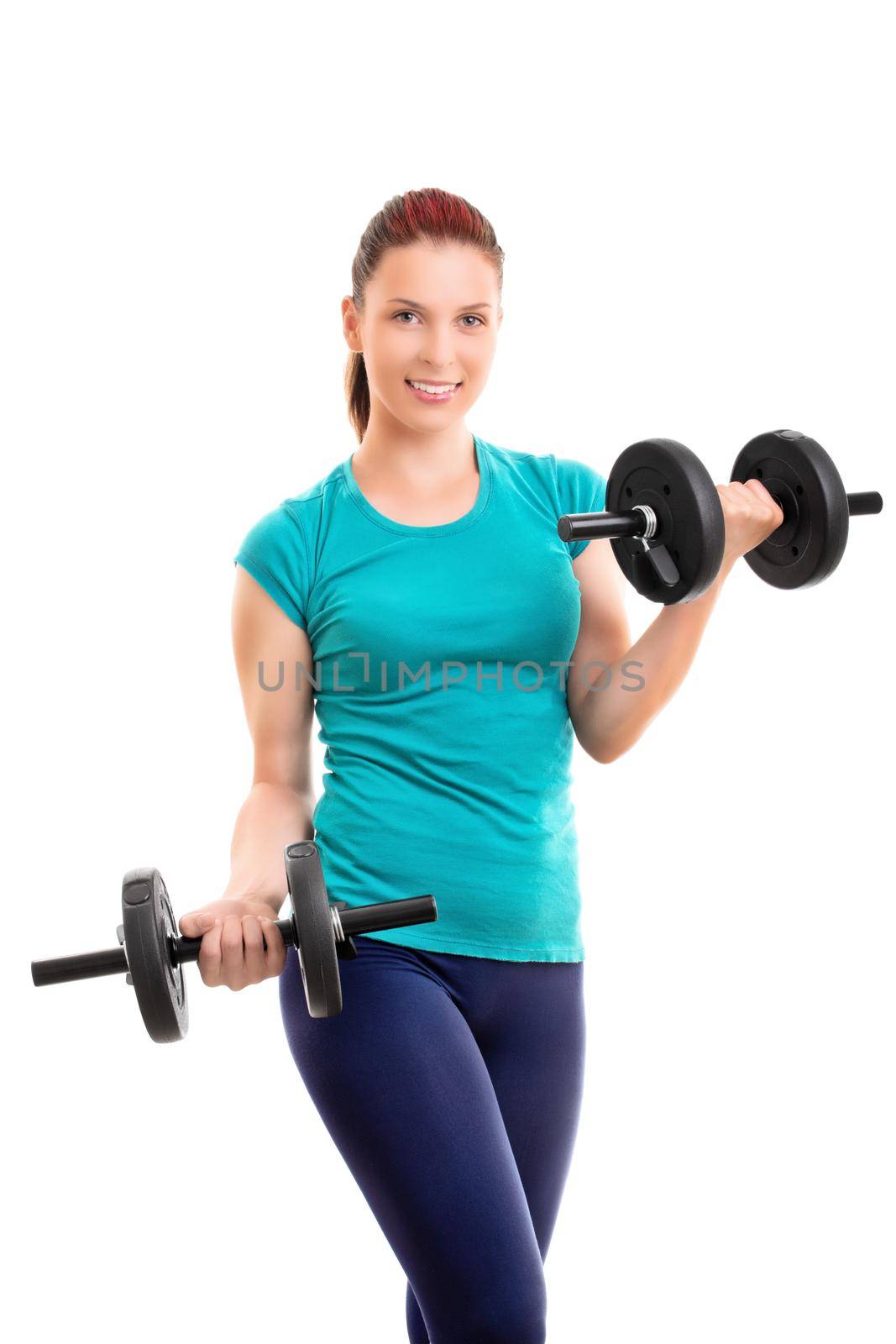 Fit young woman doing bicep curls with dumbbells by Mendelex