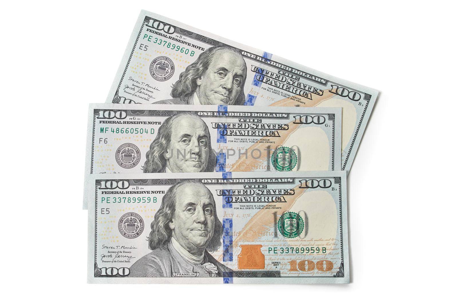 Three bills 100 American dollar bill cash money isolated on white background. US Dollars 100 banknote