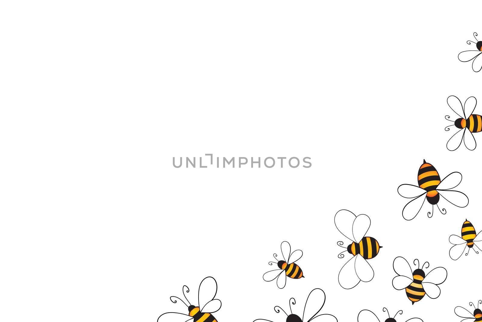 Cartoon cute bee mascot. Merry bee with an empty table. Small wasp. Vector character. Insect icon. Holiday template design for invitation, cards, wallpaper, school, kindergarten. Copy space by allaku