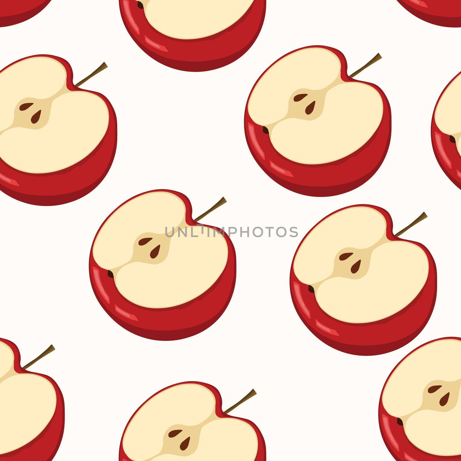 Seamless pattern with apple on white background. Natural delicious fresh ripe tasty fruit. Vector illustration for print, fabric, textile, banner. Stylized apples with leaves. Food concept by allaku