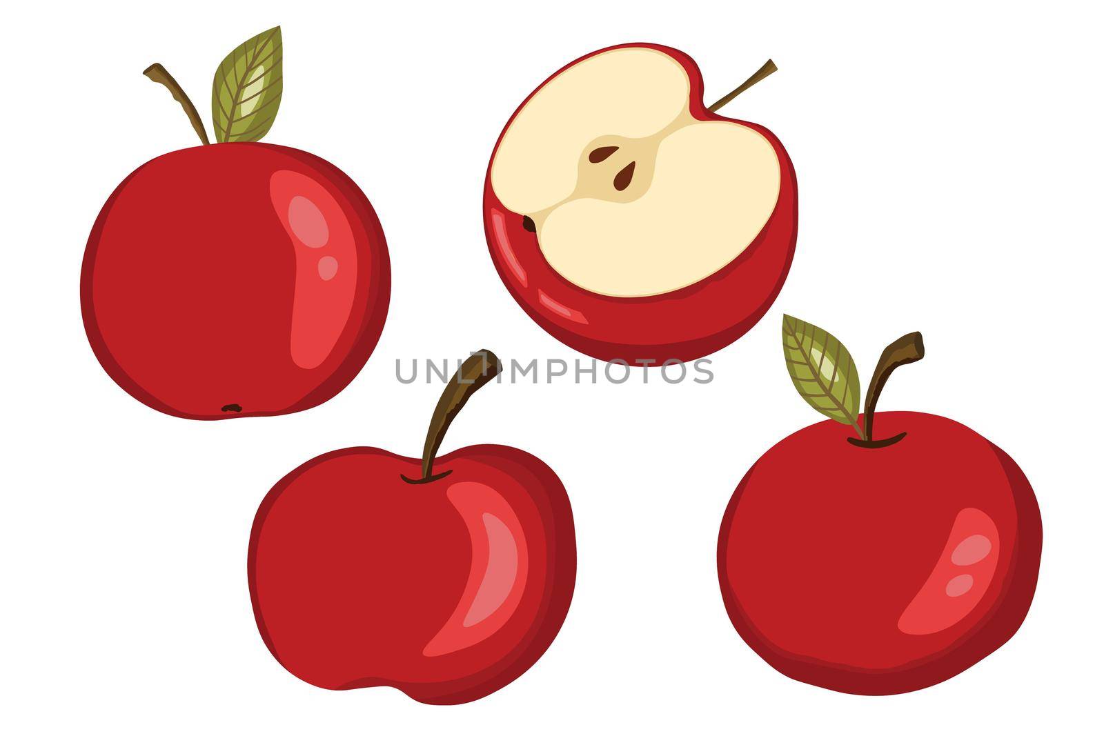 Apple icon set solated on white background. Natural delicious fresh ripe tasty fruit. Template vector illustration for packaging, banner, card. Stylized apples with leaves, apple slice. Food concept.