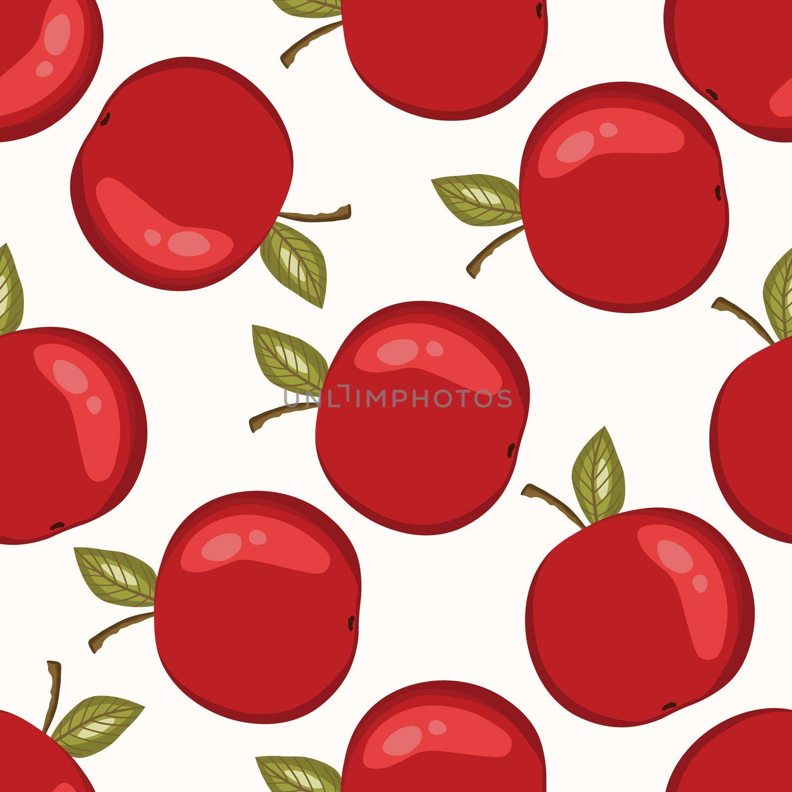 Seamless pattern with apple on white background. Natural delicious fresh ripe tasty fruit. Vector illustration for print, fabric, textile, banner, design. Stylized apples with leaves. Food concept