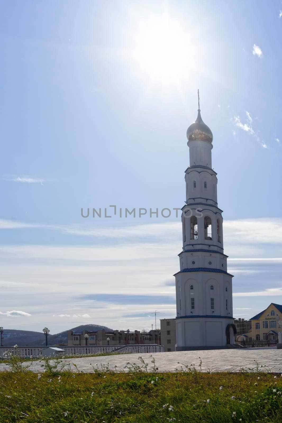 Bell tower in the Church of St. Nicholas the Wonderworker Petropavlovsk-Kamchatsky, Russia.