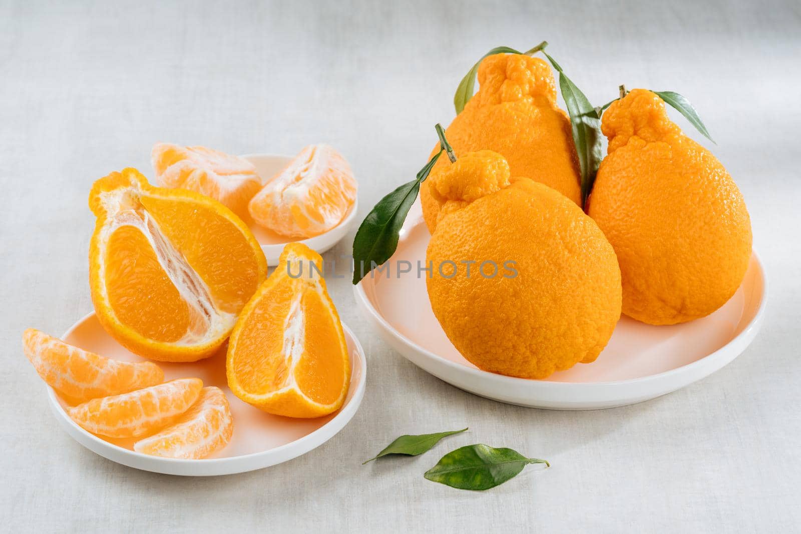 Fresh orange fruits with green leaves
