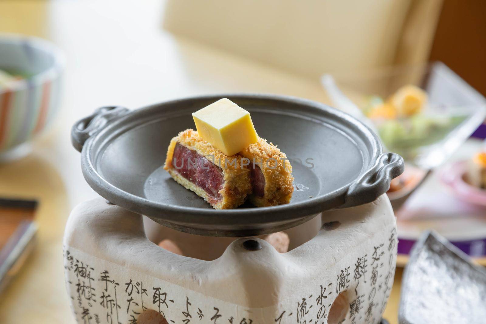 Macro shot of Japanese food on restaurant table