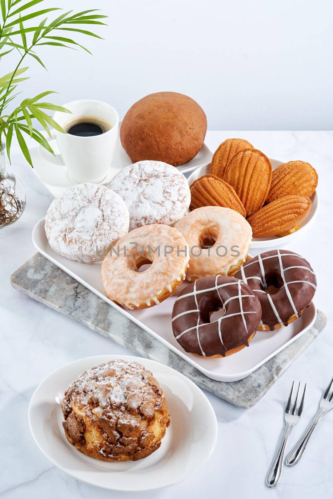 Various doughnuts on a table