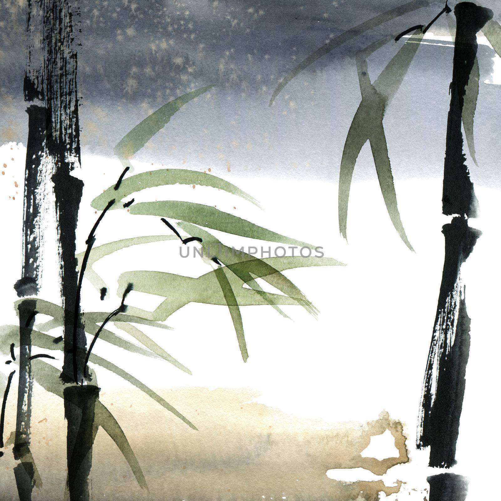 Watercolor bamboo with leaves by Olatarakanova