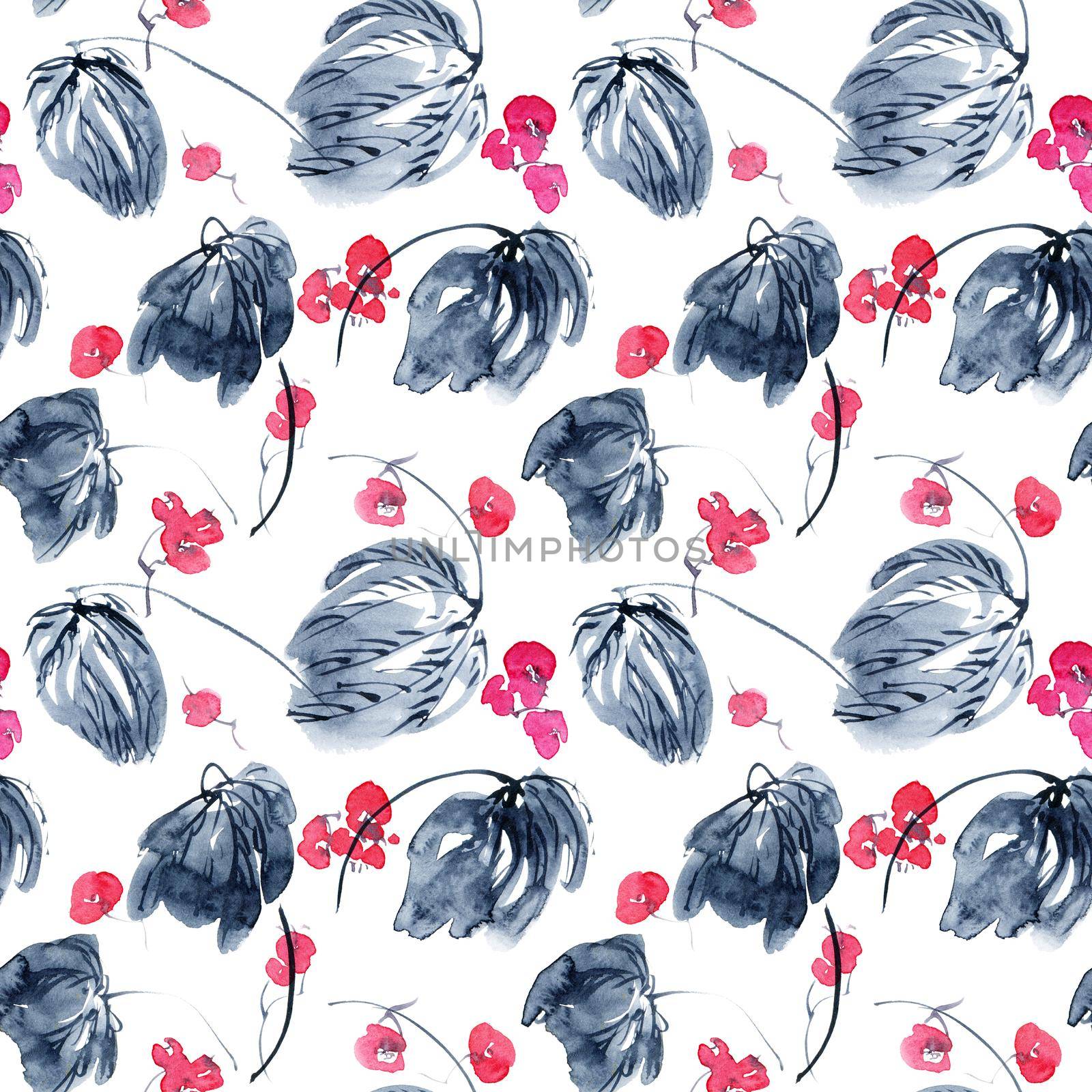 Watercolor seamless pattern of pink flowers and leaves. Oriental traditional painting in style sumi-e, u-sin and gohua.