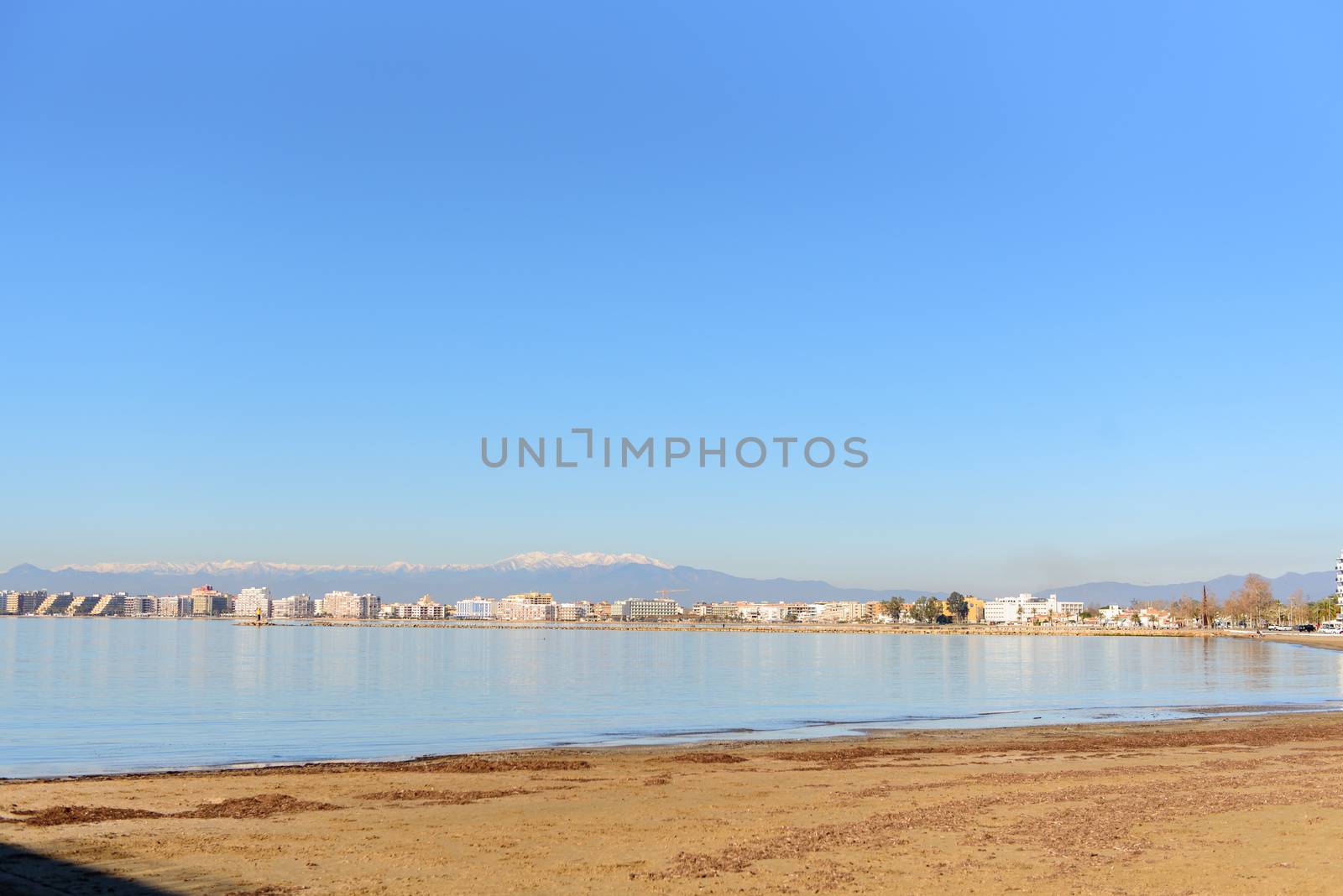 ROSES, SPAIN - jan 24 2018 : Beach and city view of mediterranean town Roses. jan 24 2018 in Catalonia, Spain