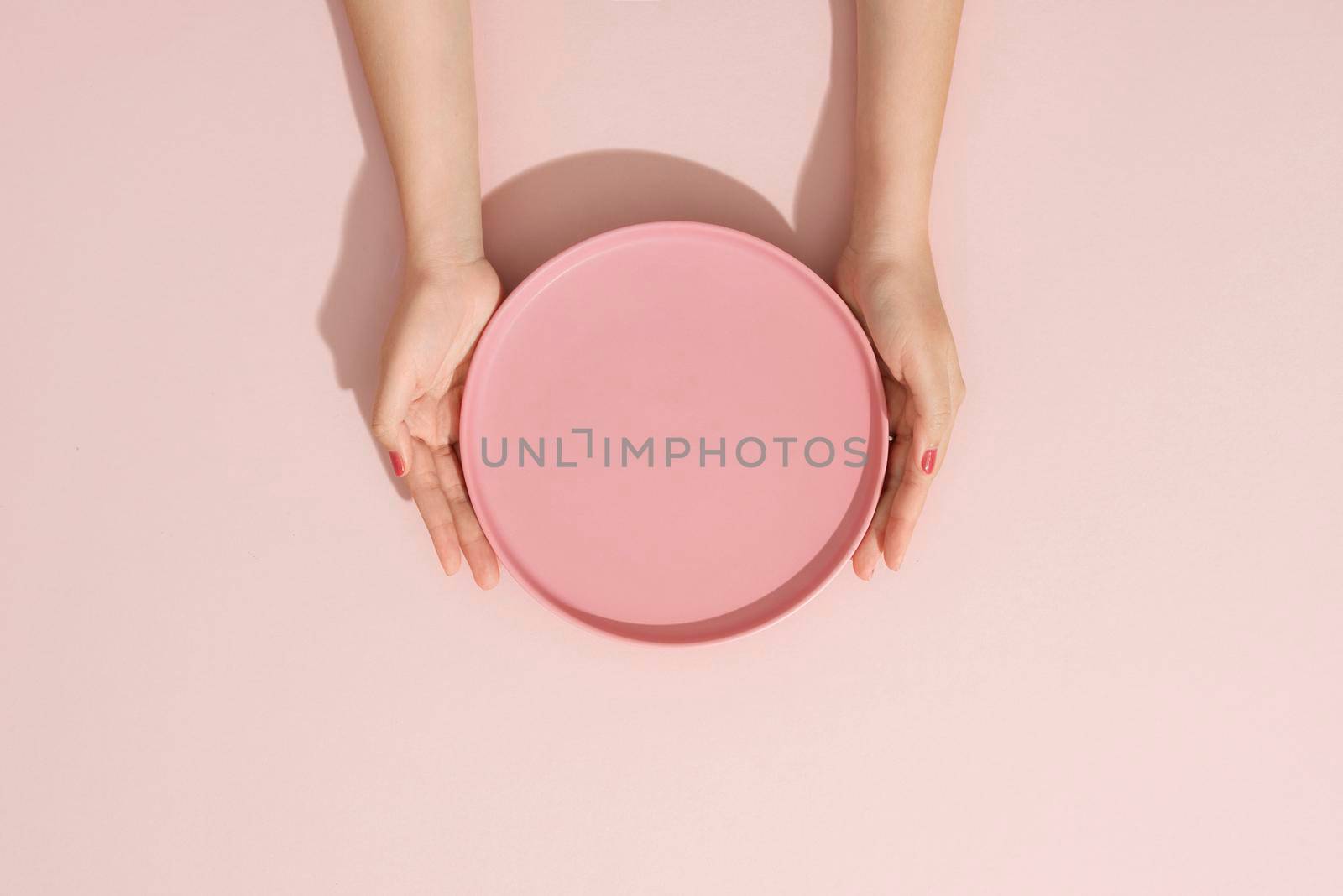 Woman hands and plate top view.