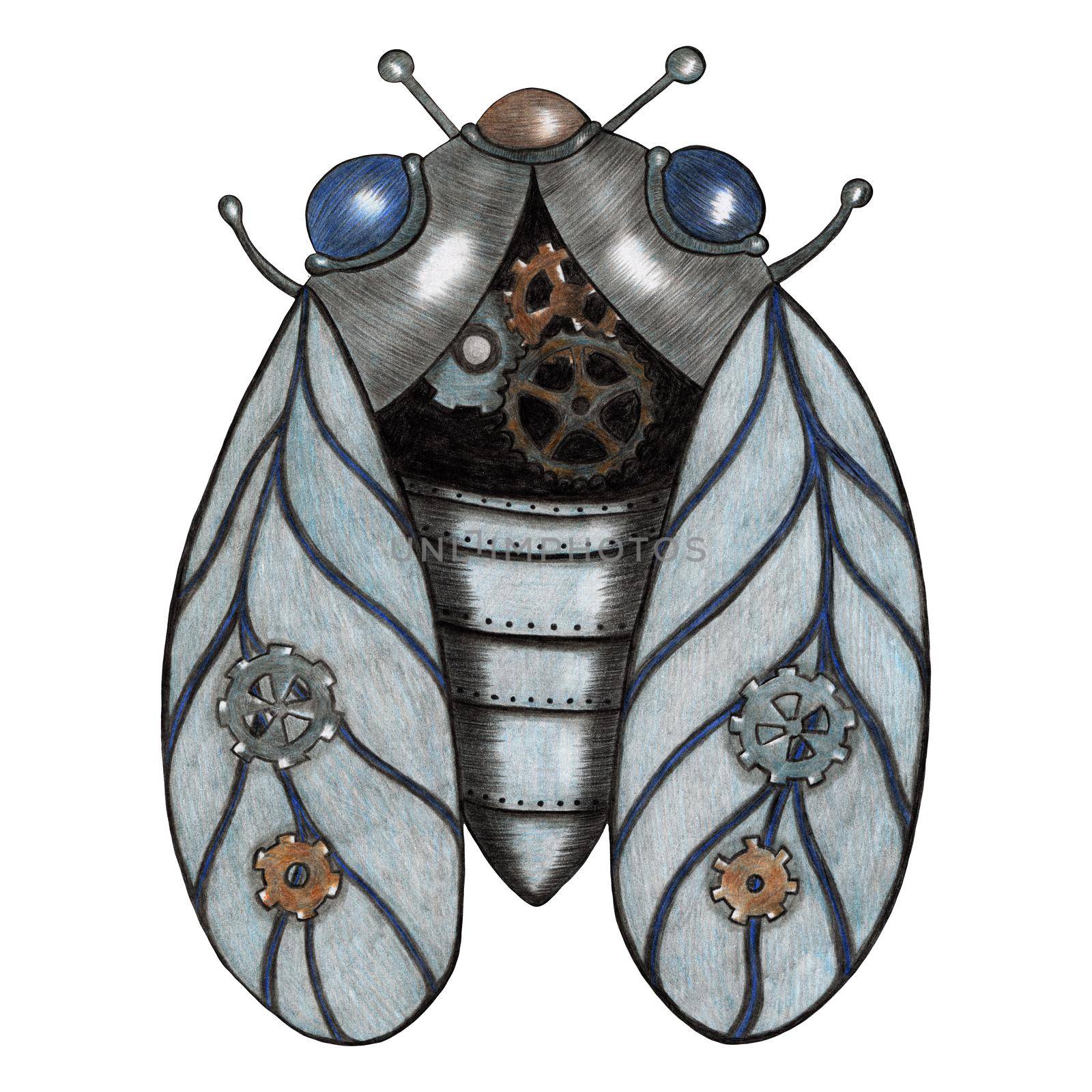 Design Element Hand Drawn Illustration of Colorful Steampunk Cicada in Gray Colors Isolated on White Background. Steampunk Cicada Drawn by Color Pencils.