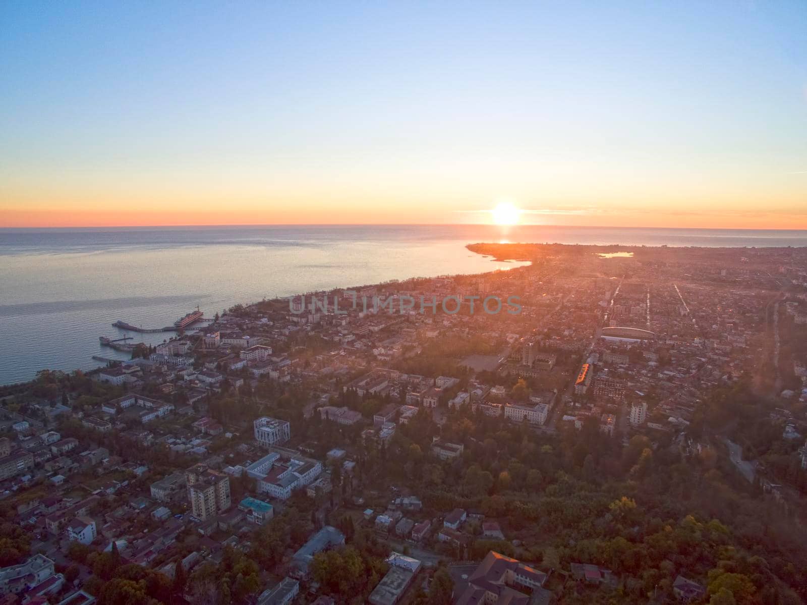 Aerial view of the seascape at sunset.