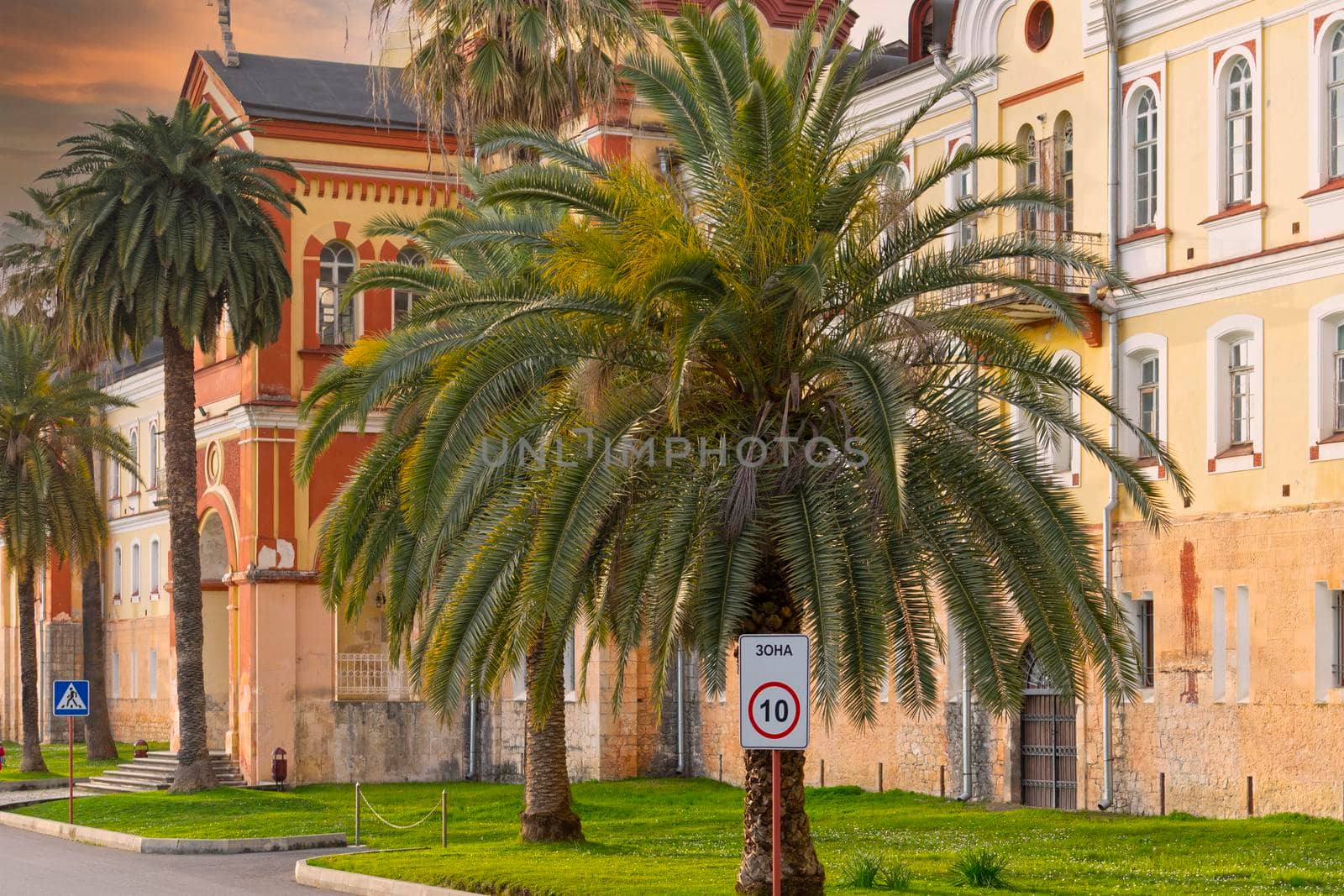 Landscape with a view of the ancient New Athos Monastery, Abkhazia.