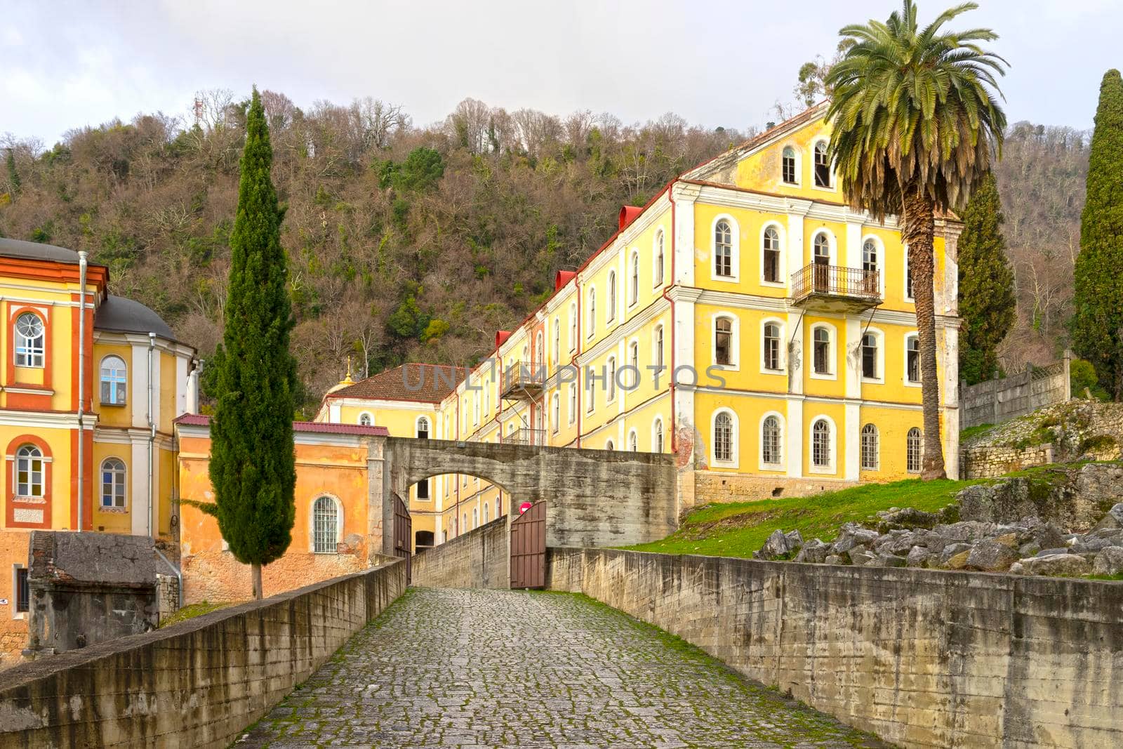 Landscape with a view of the ancient New Athos Monastery, Abkhazia.