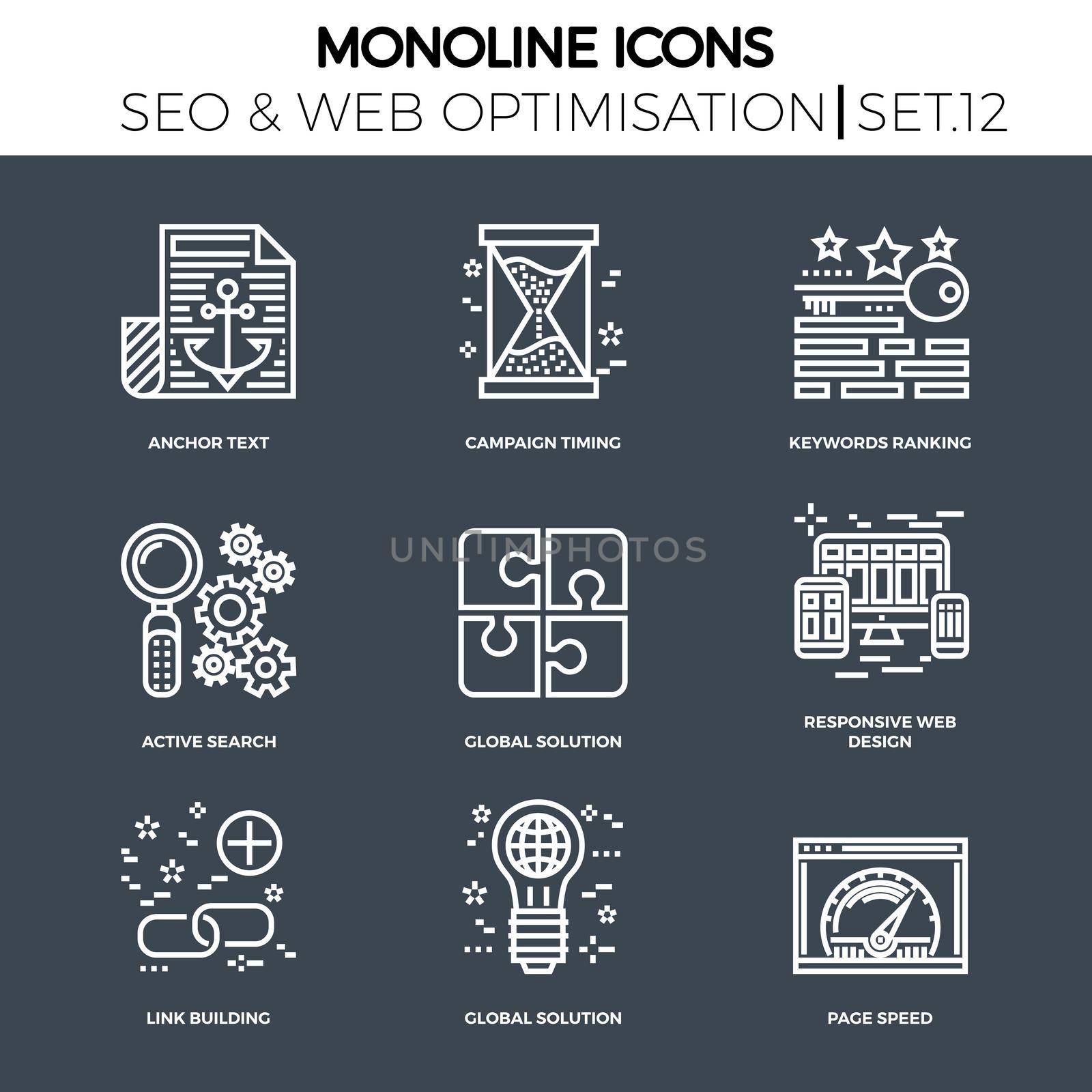 Line icons set with flat design of search engine optimization. Anchor text, campaign timing, keywords ranking, active search, global solution, responsive web design, link building, page speed.