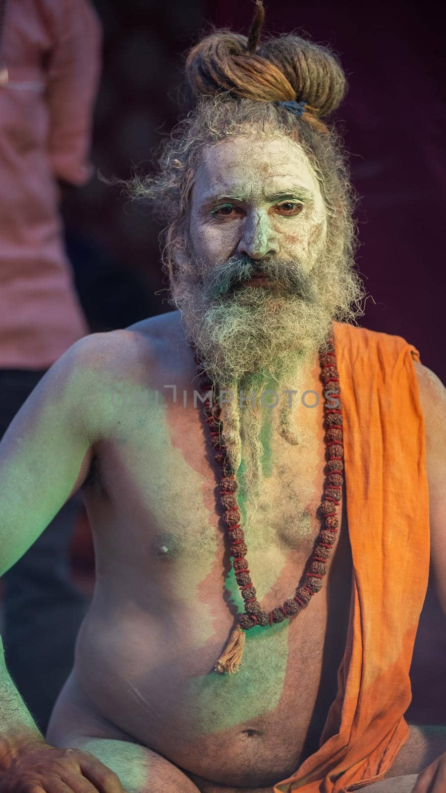 Haridwar, Uttarakhand, India April 12, 2021. Indian Saints in their traditional way of Yog Mudra. Sitting in silence as part of the initiation of new sadhus during Kumbha Mela. The Naga Sadhus.