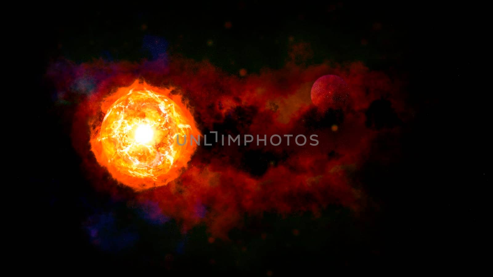 A colorful solar system with one planet that orbit the sun. Deep space illustration. 3d rendering