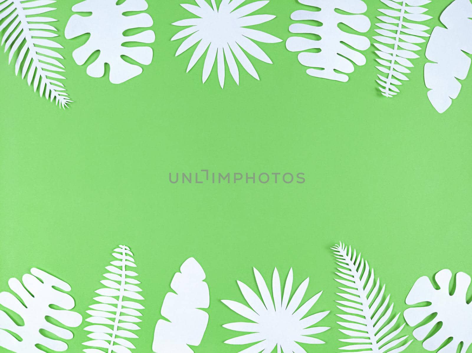 Tropical paper leaves on a green background, flat lay with copy space.