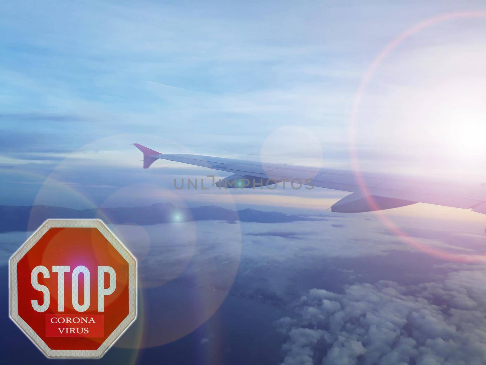 Stop sign at flying infected China plane. Stop the spread of the coronavirus from all planes.  Medical insurance for travel.