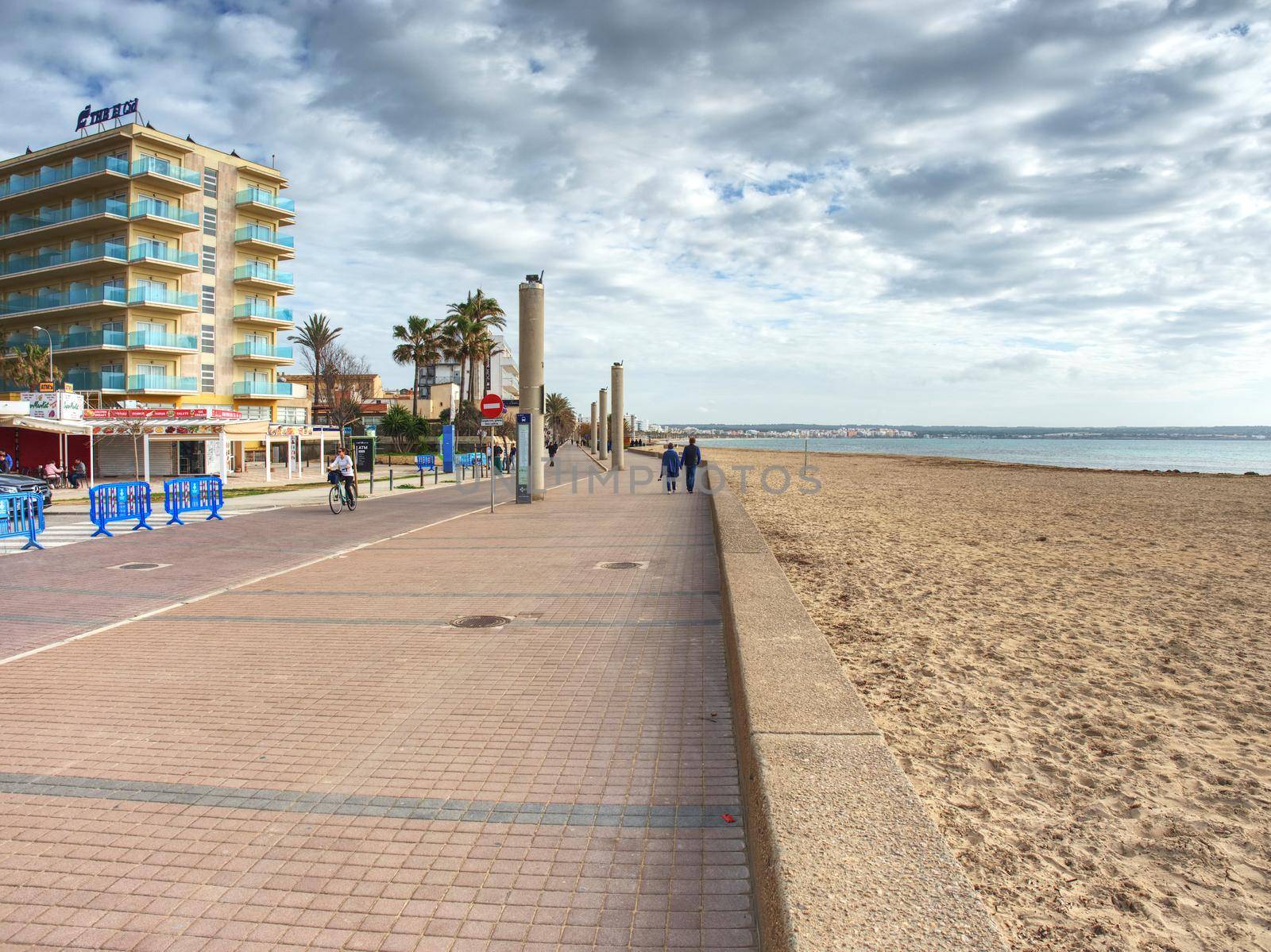 Beautiful sandy beach at Palma de Mallorca on Mallorca island, Spain Mediterranean Sea.  Palma de Mallorca 26th of January 2020.