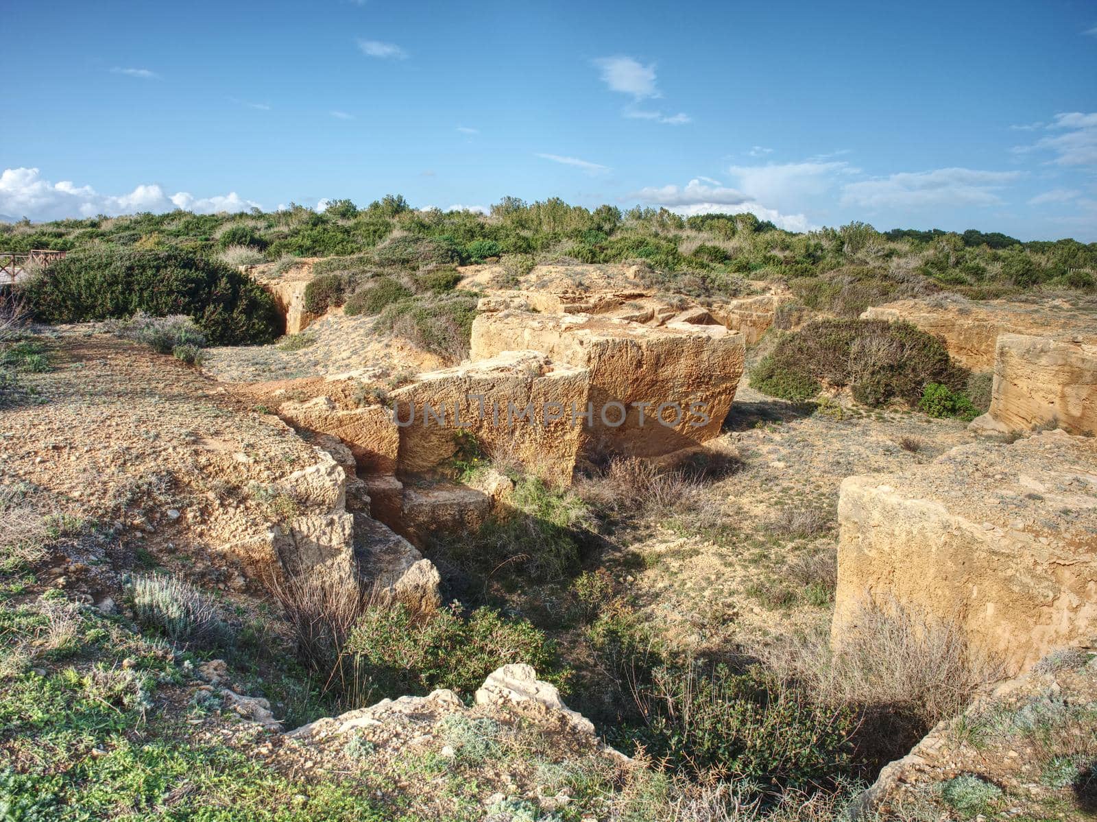 Sandstone mine, hole built in soft sandstone rock. Underground shelter
