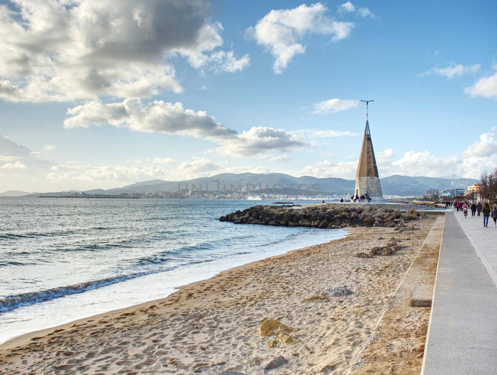 Obelisco La Gaviota, symbol of seaside promenade along beach, Palma de Mallorca. 26th of January 2020