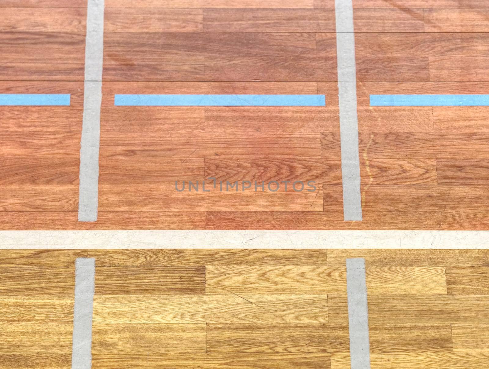White line in hall playground. Renewal wooden floor. Colour Wooden floor for building materials , horizontal line 
