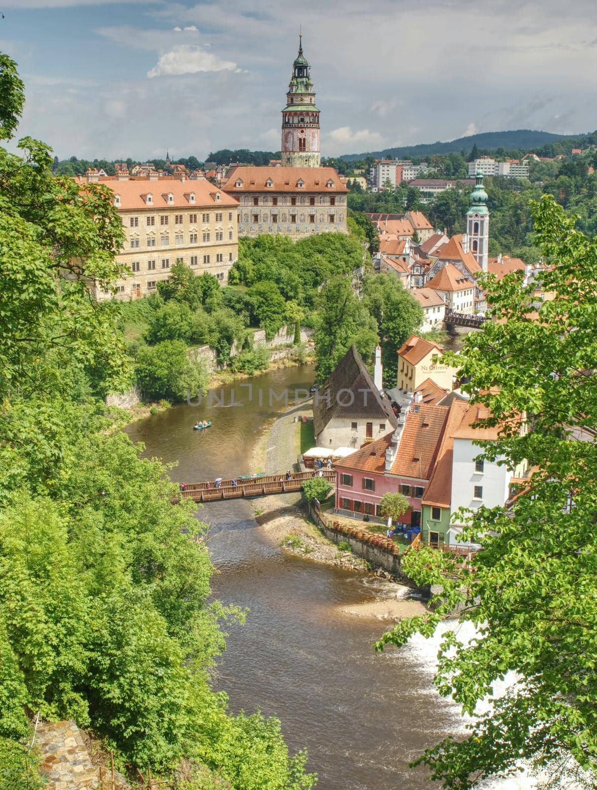 Beautiful view at the Castle Tower of the old bohemian little town Czech Krumlov (Cesky Krumlov). 14th of July 2019,  Czech Republic