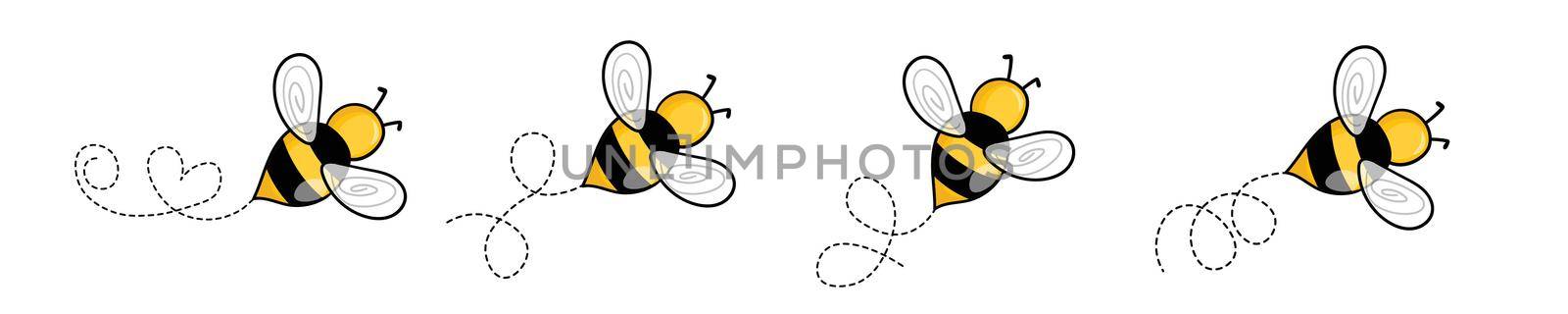 Set of cartoon bee mascot. A small bees flying on a dotted route. Wasp collection. Vector characters. Incest icon. Template design for invitation, cards. Doodle style by allaku