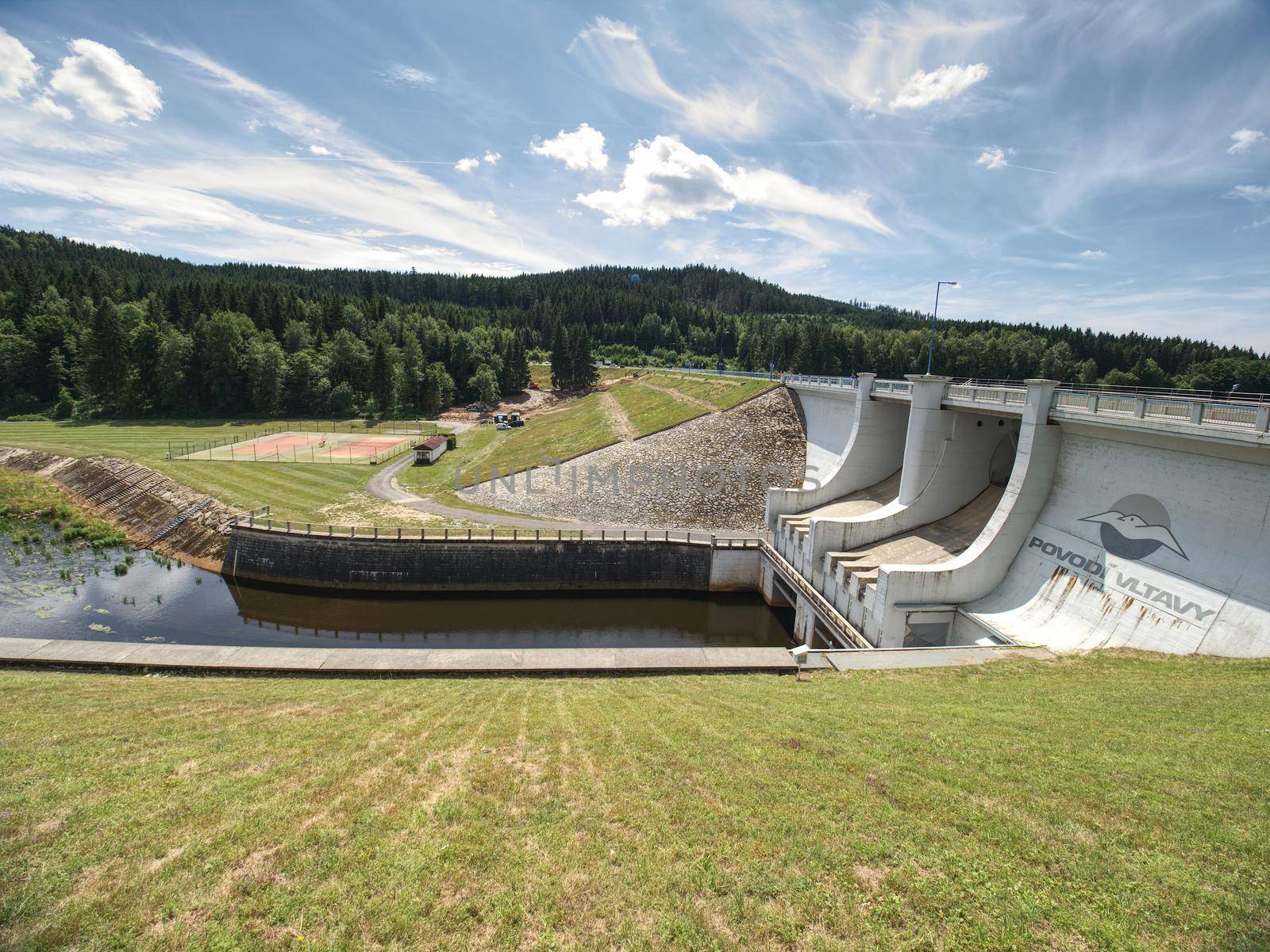 Dam on Lipno lake. 17th of July 2019, Czech Republic. The main weir on popular dam on Vltava river.  Povodi Vltavy - Vltava catchment basin