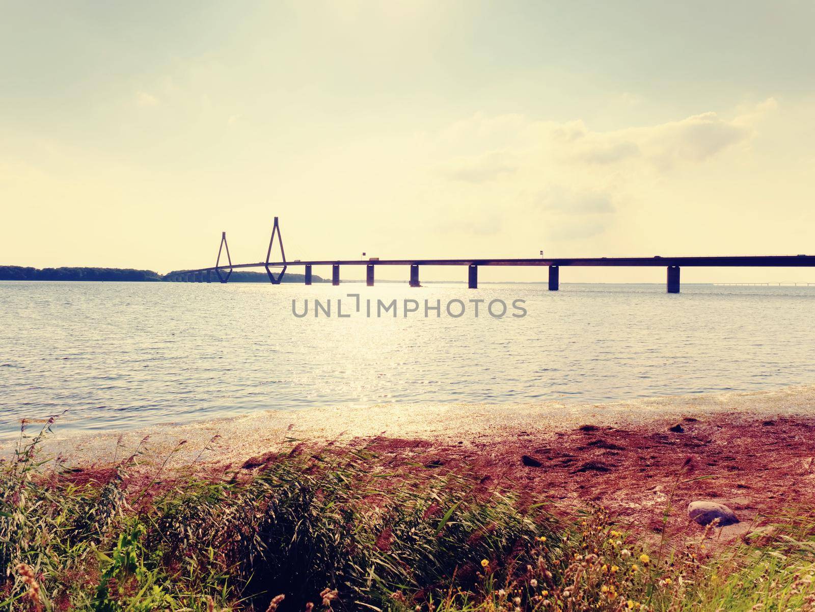 The famous Farø Bridge  in Denmark (Danish: Farøbroerne). The two road bridge connect the islands of Falster and Zealand, view from Farø island.