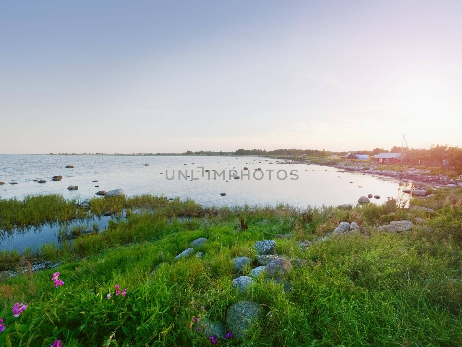 Small fishing port with boats anchored and  moored on  sea bay in Sweden. Built stony dam, wooden pier, red and white houses.