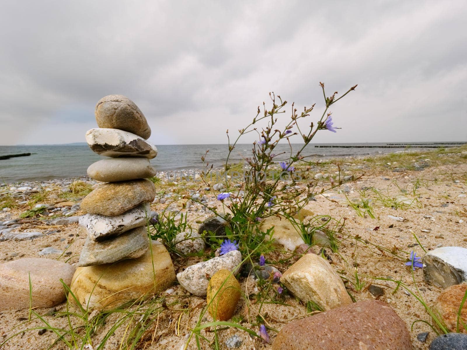 Stacked stones in pyramid on the grass. Coastline in summer