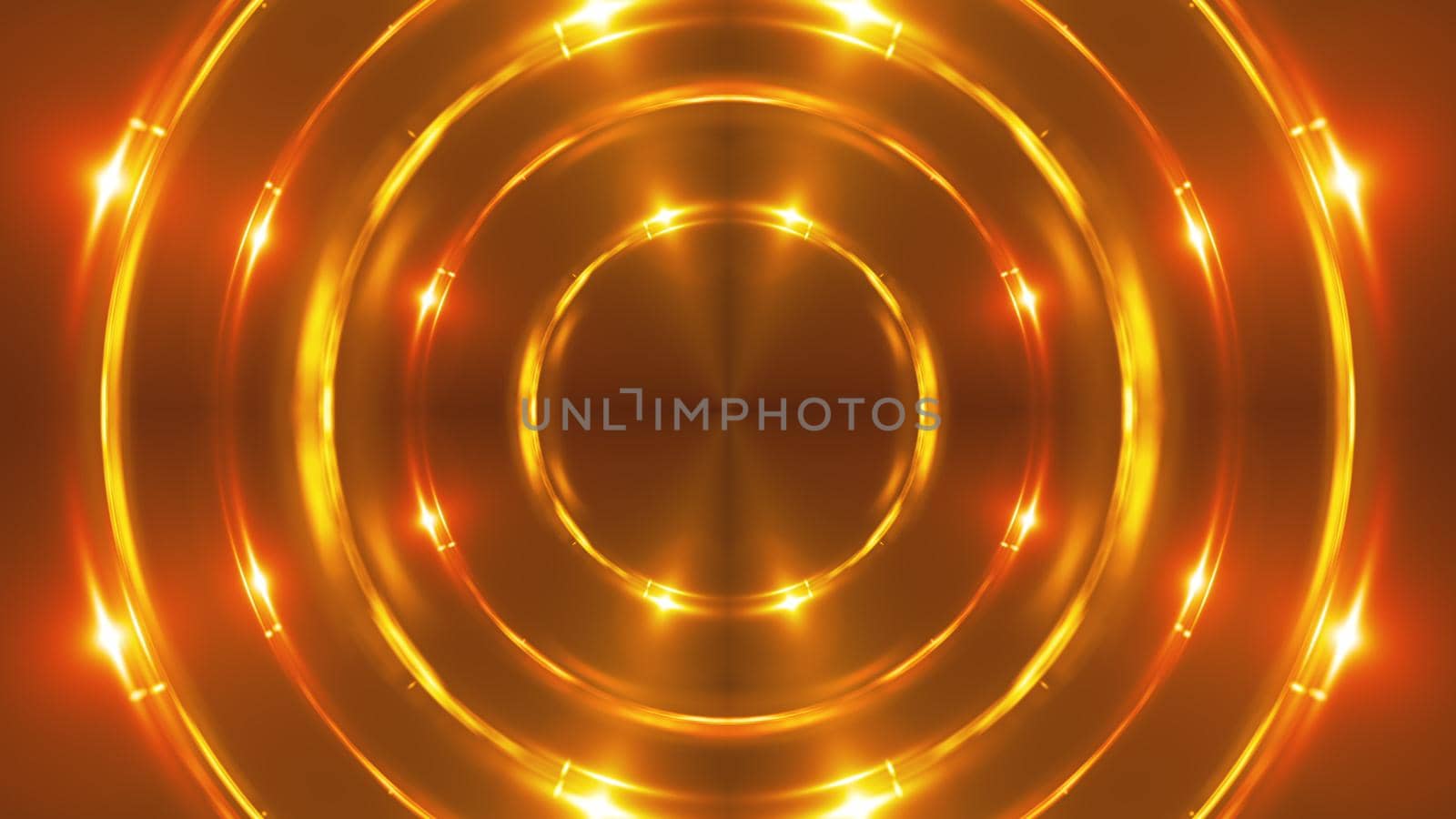 3d render of gold fractal lights with shining effects. Computer generated abstract background of flickering rings.