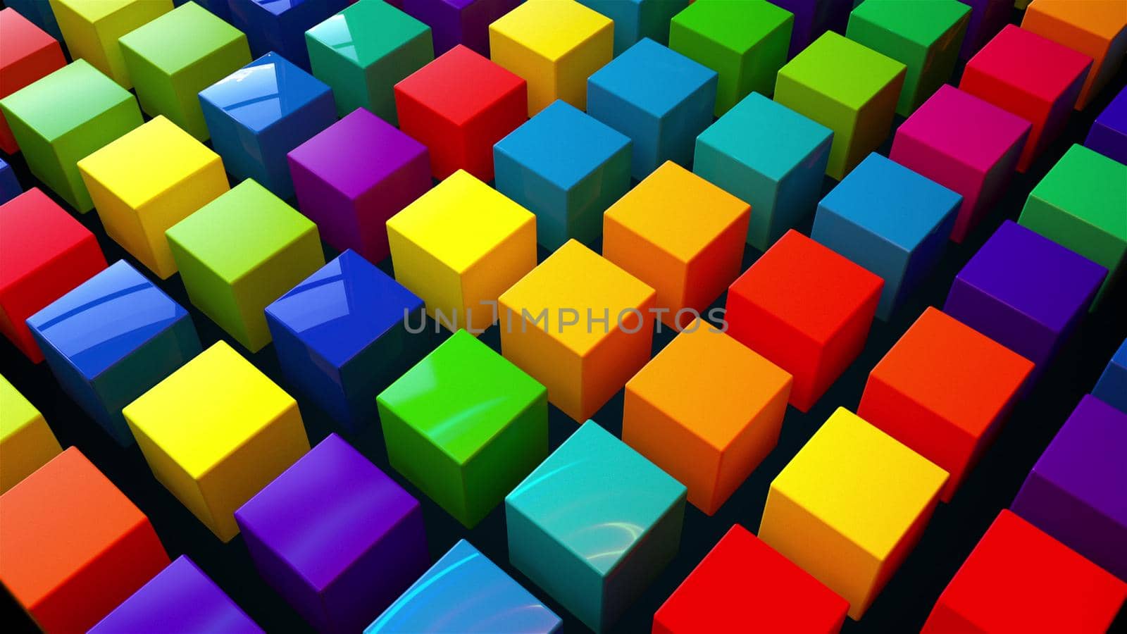 Geometric 3d render simple squares laid with lines on surface. Multicolored boxes in dynamic lighting with bright highlights. Digital wall creative presentation made of blocks