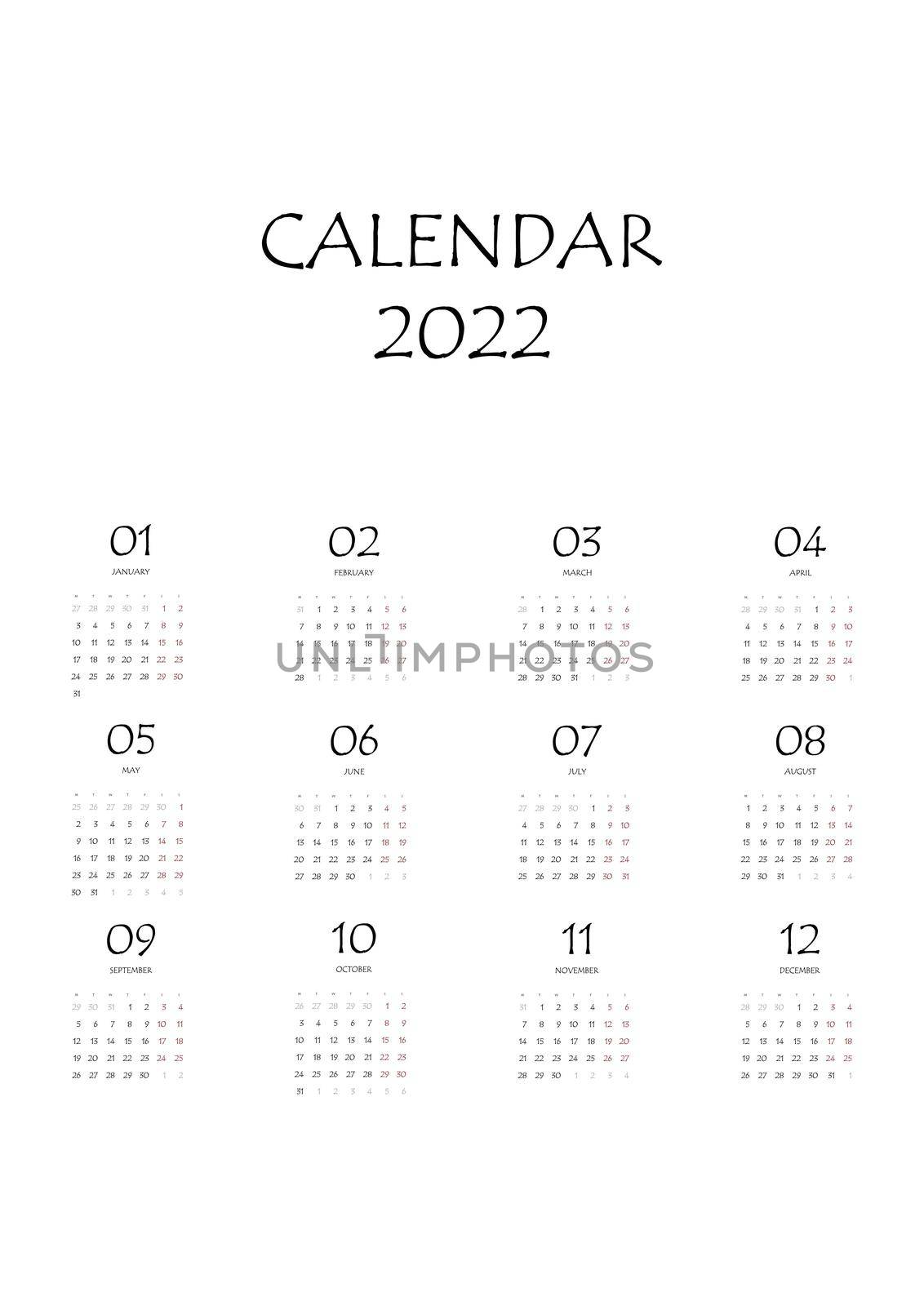 2022 calendar planner. Corporate week. Template layout, 12 months yearly, white background. Simple design for business brochure, flyer, print media, advertisement. Week starts from Monday by allaku