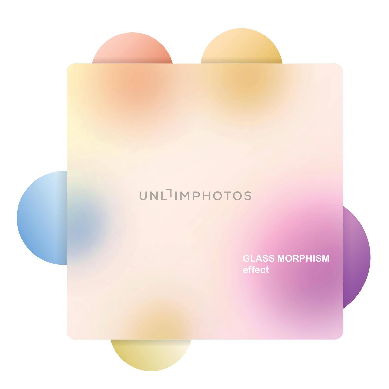 Modern background with glass morphism vector effect. Transparent glass card design. Glassmorphism trend style. Abstract banner with colored, white circles with blur and shadows. Vector illustration by allaku