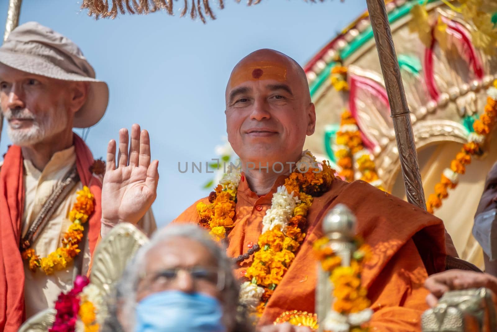 Indian sadhus coming to Kumbh Mela, Royal welcome. Sadhus sitting wearing garland by stocksvids