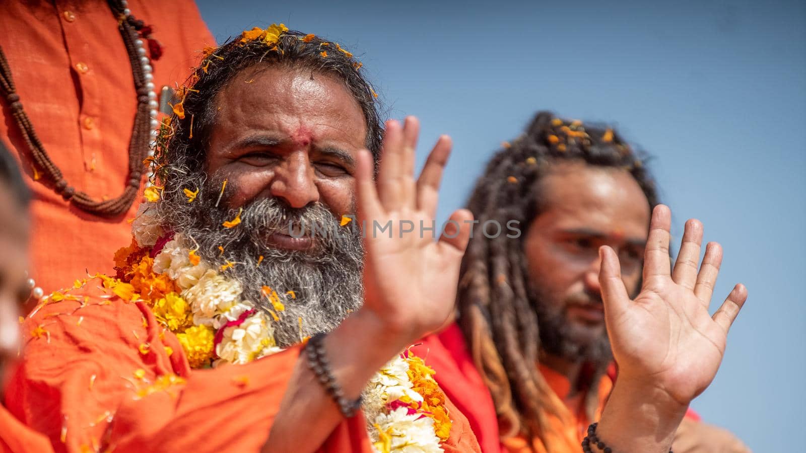 Haridwar, Uttarakhand. India- March 5, 2021- Indian sadhus coming to Kumbh Mela, Royal welcome. Sadhus sitting in rides, wearing a garland,