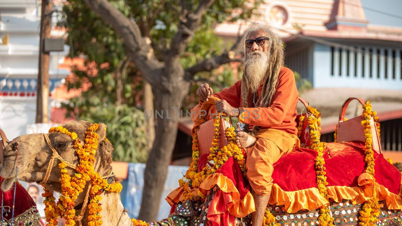 Haridwar, Uttarakhand. India- March 5, 2021- Indian sadhus coming to Kumbh Mela, Royal welcome. Sadhus sitting in rides, wearing a garland,