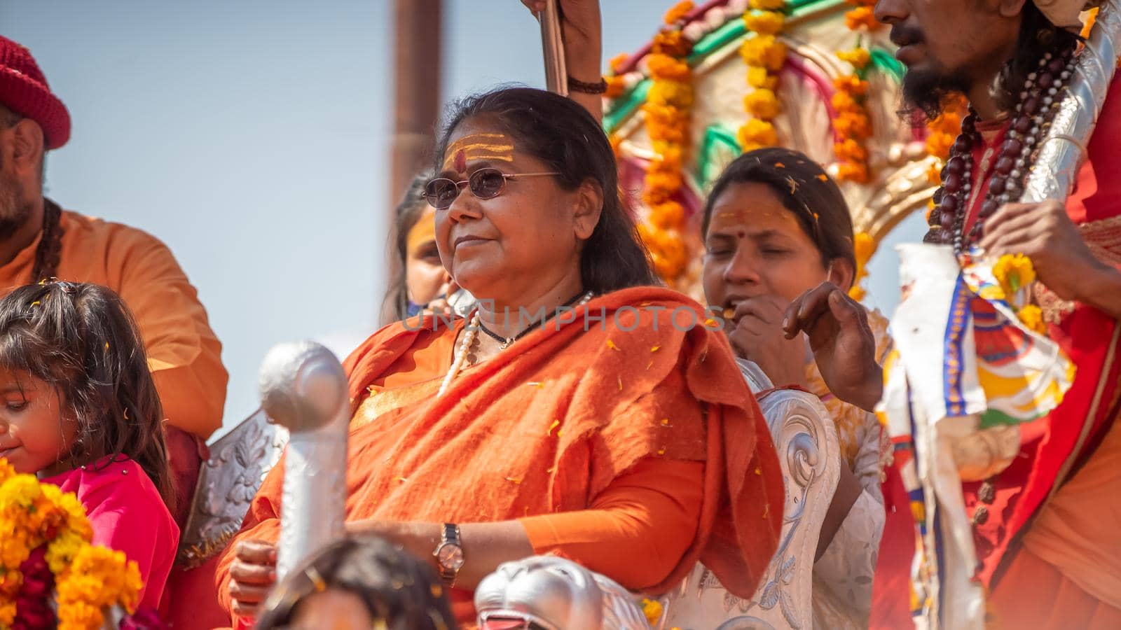 Indian sadhus coming to Kumbh Mela, Royal welcome. Sadhus sitting wearing garland by stocksvids