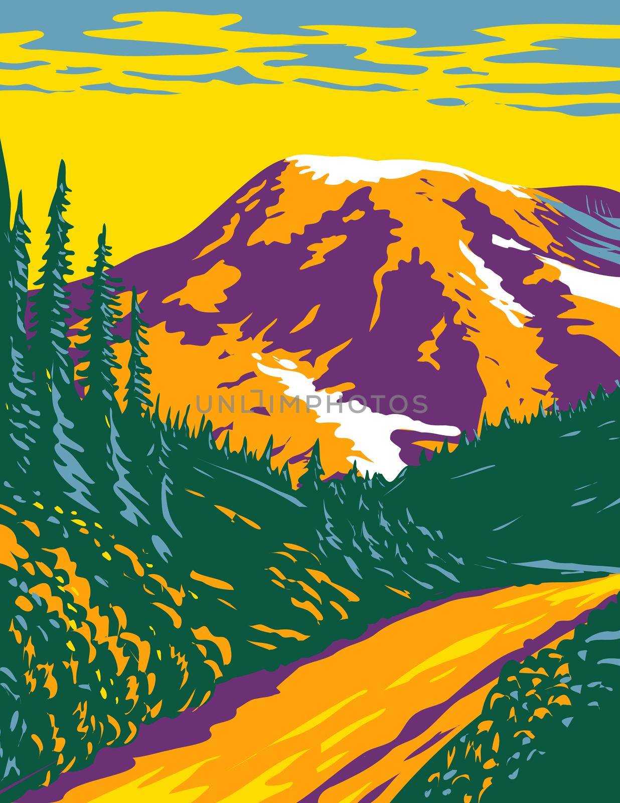 WPA Poster Art of Mount Rainier National Park, an active stratovolcano in the Cascades located in Pierce County and Lewis County in Washington state done in works project administration style.