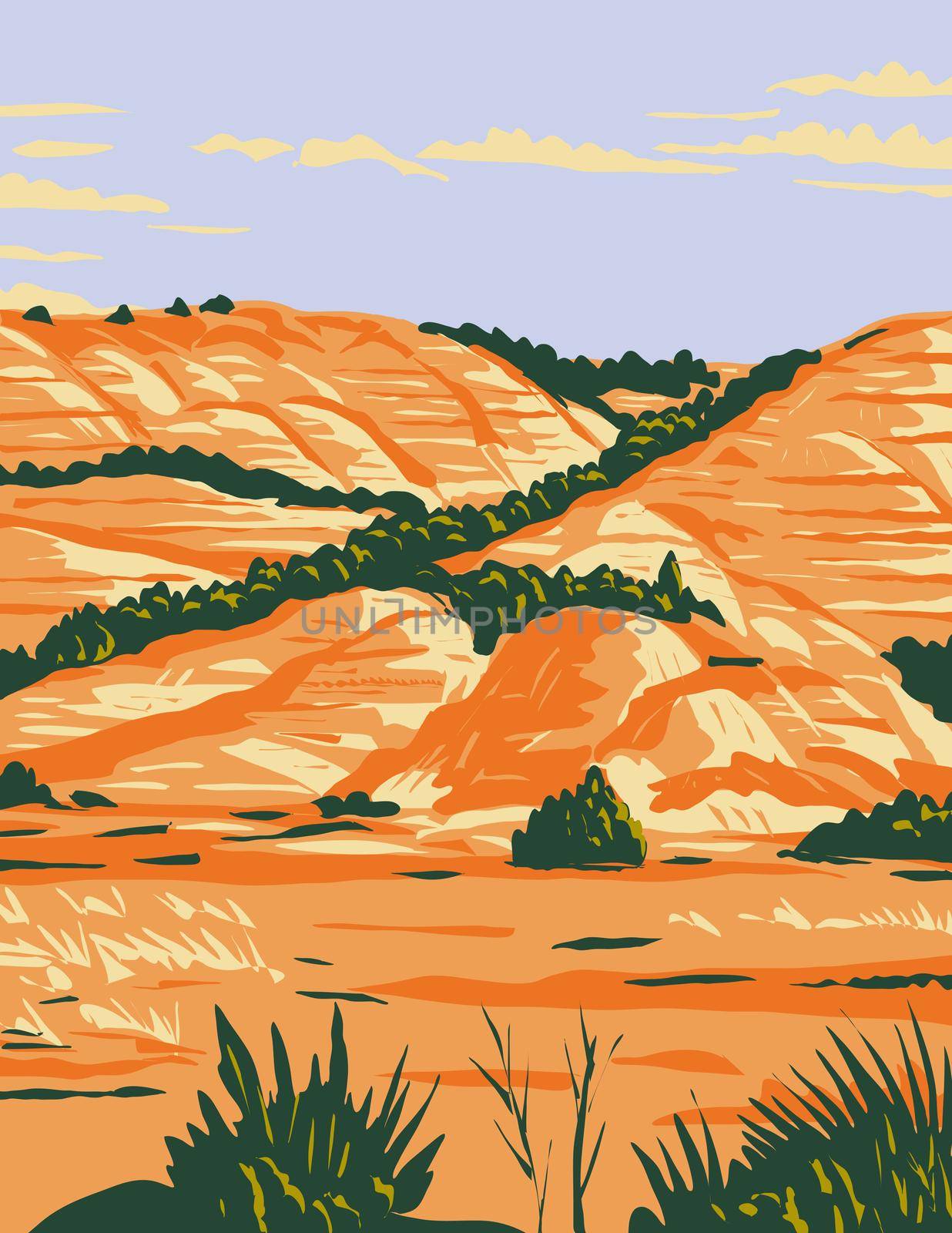 WPA Poster Art of North Dakota Badlands in Theodore Roosevelt National Park located in Medora, North Dakota done in works project administration style or federal art project style.