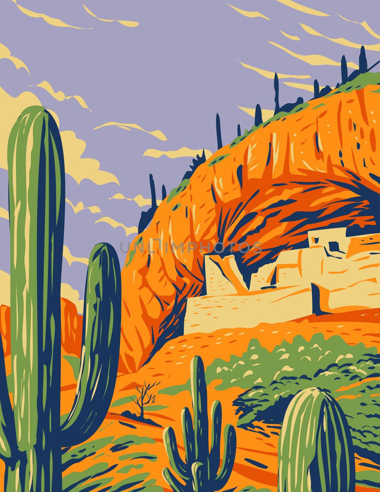 Salado-Style Cliff Dwelling and Saguaro Cactus in Tonto National Monument in Superstition Mountains Located in Gila County Arizona WPA Poster Art by patrimonio