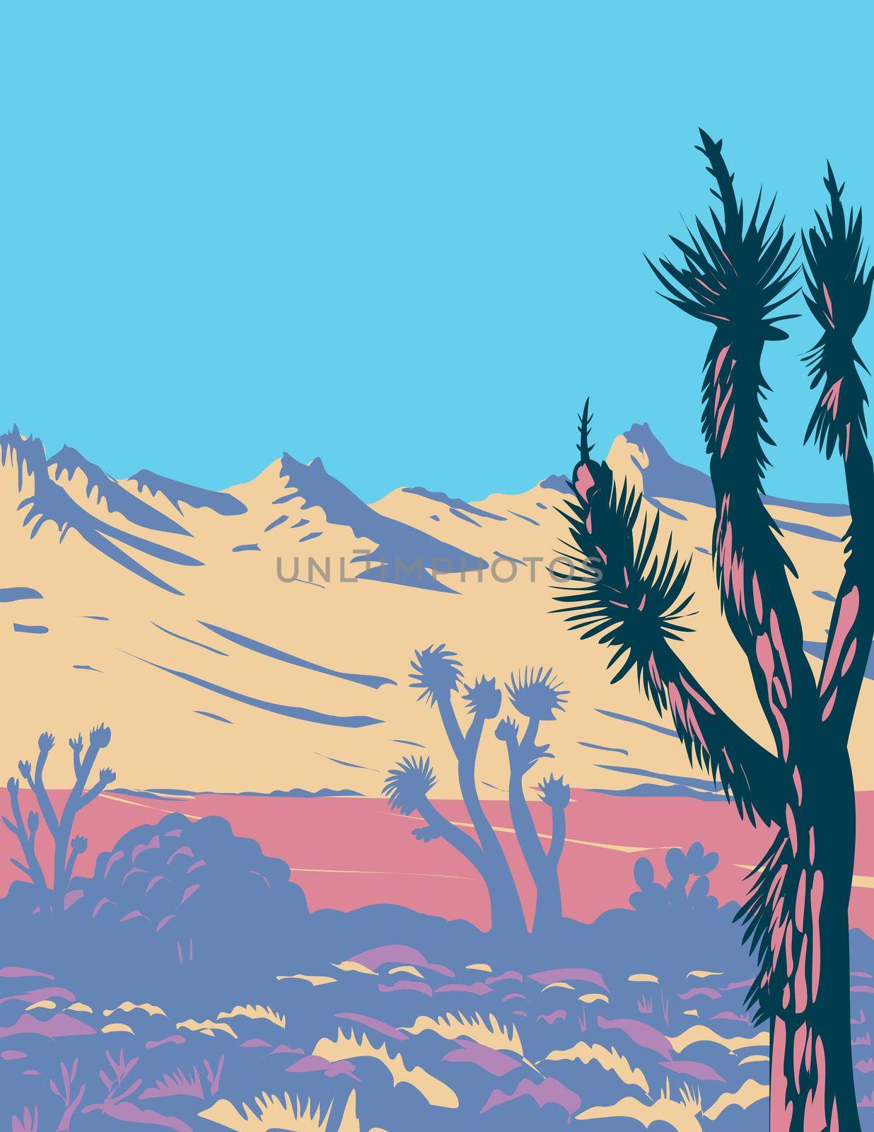 Castle Mountains Range and Joshua Tree in Mojave Desert Within Castle Mountains National Monument Located in California WPA Poster Art by patrimonio