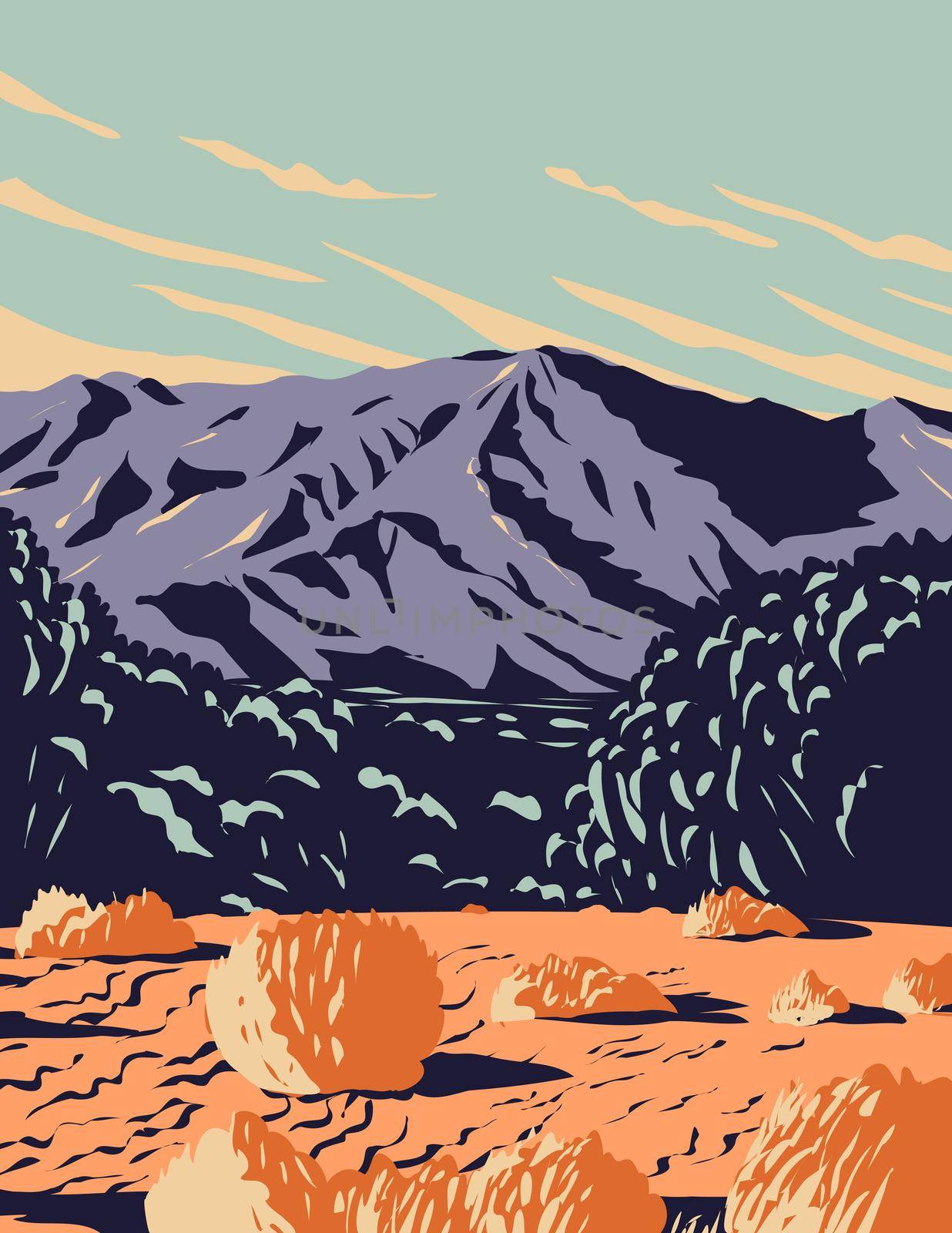 WPA Poster Art of the dramatic desert and sand dunes of Mojave Trails National Monument surrounding the Mojave National Preserve located in California done in works project administration style.
