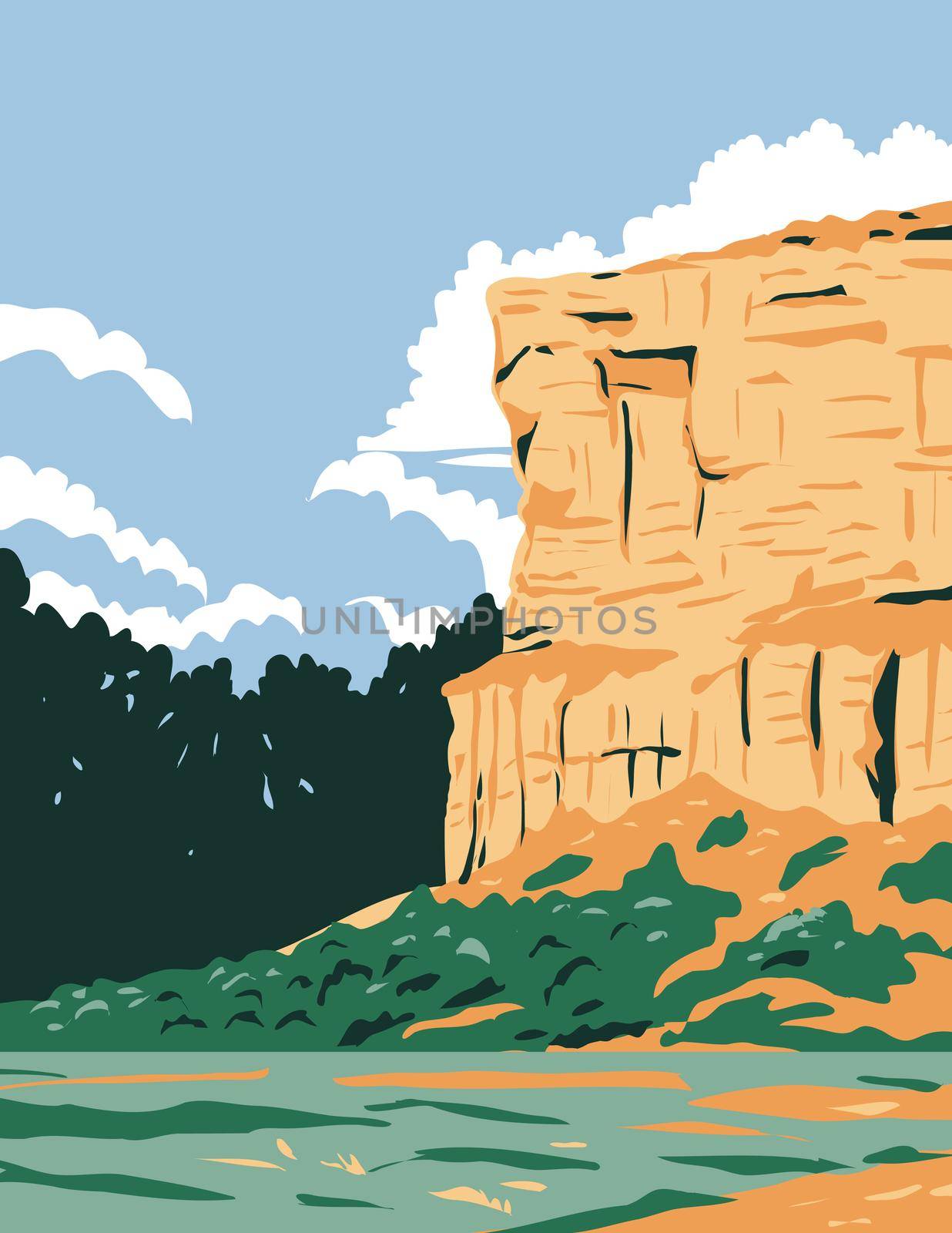 WPA Poster Art of Pompeys Pillar National Monument a sandstone pillar and rock formation located in south central Montana, United States done in works project administration style. by patrimonio