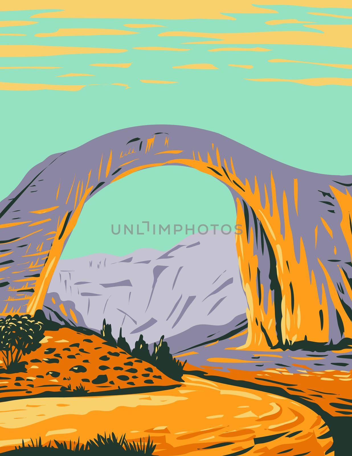 WPA Poster Art of Rainbow Bridge National Monument the world's highest natural bridge in southern Utah, United States done in works project administration style or federal art project style.
